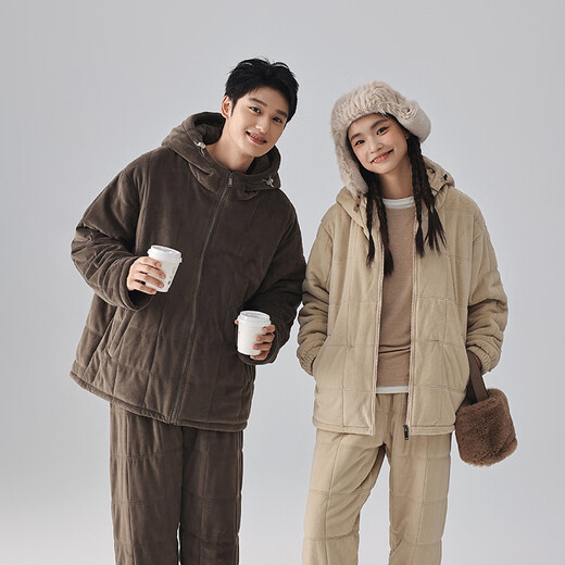 Kissing Cat winter thickened couples quilted pajamas island velvet three-layer thickened men's suit home clothes can be worn outside 6463 Cream Apricot Women L