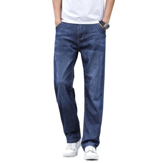 
Tanfeng Niao Xintang Jeans for men in spring and summer straight loose big trousers in spring and autumn style stretch men's pants men's casual trousers medium blue straight [thin style] thin XL 120-140