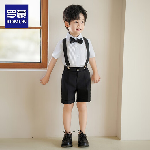 
Romon boys dress baby suit little host suit piano performance boys birthday strap suit four-piece set: shirt + shorts + strap + bow tie 130