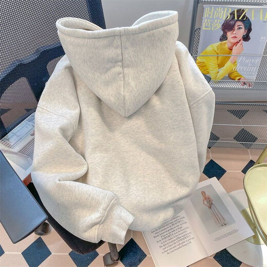 Su Yu 100% cotton Hong Kong style American retro hooded plus velvet thickened sweatshirt men's autumn and winter national fashion loose and versatile jacket pure cotton A1-34-light gray plus velvet XL