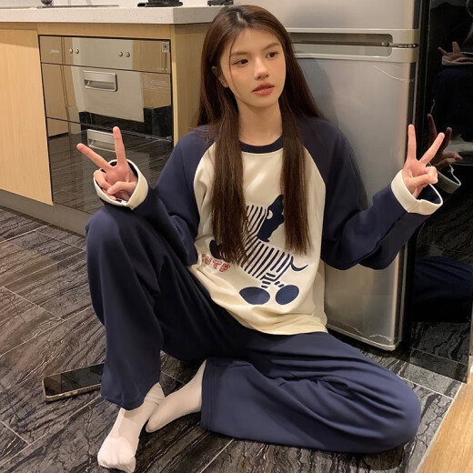 IOSN2024新款睡衣女款春秋冬季长袖网红风宽松学生棉质女士秋款家居服 MZY-16802-套头双长-英文狗头 M80-100斤