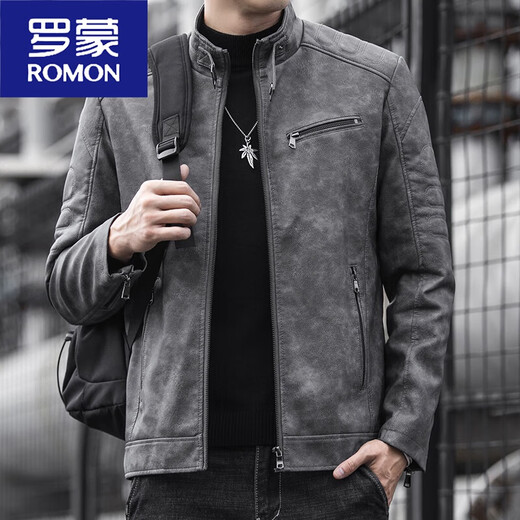 ROMON (ROMON) 2025 new men's motorcycle leather jacket leather jacket slim-fit stand collar brown imitation leather motorcycle suit retro black [model] plush XL