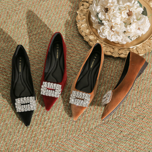 Delia H679-3 shallow mouth ice silk satin beanie shoes with big rhinestone flat shoes burgundy new wedding shoes for women yellow brown (225mm) 35