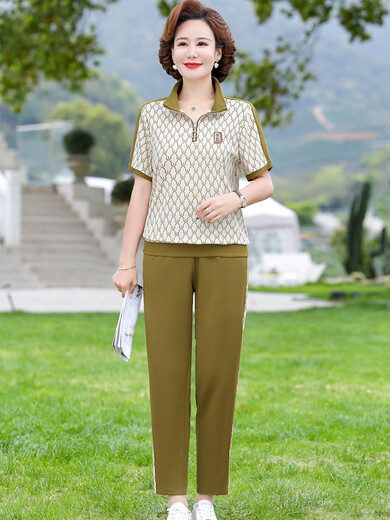 Woodpecker Mother's Day Gift Mother's Summer Fashion Sportswear Set 40-year-old 50-year-old middle-aged and elderly women's two-piece set middle-aged short-sleeved pink [829] 2XL (Suggested 105-120 Jin [Jin equals 0.5 kg])