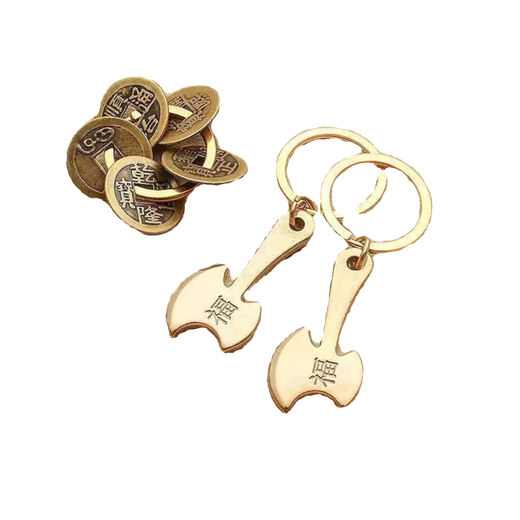 Creative brass handmade blessing luck axe kitchen knife ear spoon key chain car key chain pendant men and women gifts long handle blessing + wealth money bag