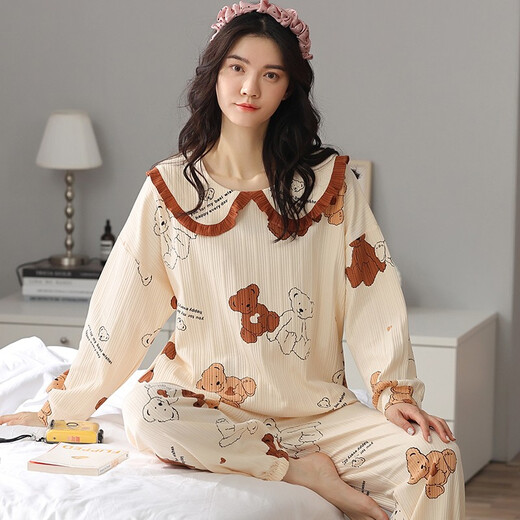 Un pijama de guifensiones para mujeres en otoño e invierno de algodón puro pantalones de manga larga set de dos piezas de dos piezas y otoño nuevo versión coreana lindo dibujos animados dulces fatelas sueltas de talla de talla de talla de talla para el hogar