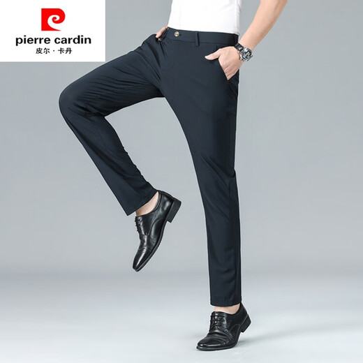 Pier Cardin Pantalones casuales de seda de hielo de gama alta para los pantalones de traje de hierro recto delgado de verano de los hombres pantalones de mediana edad pantalones estiramientos azul marino 33 (2 pies 6)