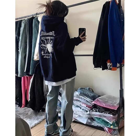 Qiao Shitongs neuer amerikanisch bedruckter Kapuzen-Sweatshirt für Frauen losen lässige, vielseitige Tops Trendy Ins plus Samt verdickte R12161 White-Plus Fleece M