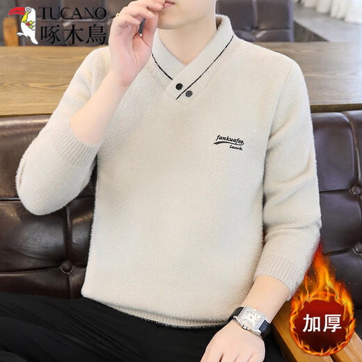 Woodpecker (TUCANO) Men's Sweater Autumn and Winter New Henley Collar Soft Wax Pullover Sweater Thickened Warm Imitation Mink Velvet Bottoming Sweater White M