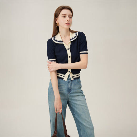 Fan Silan College Style versatile contrasting color POLO collar knitted cardigan 2024 summer new top 24FS12115 Navy blue M