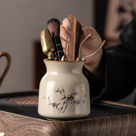 Porcelain brand tea set, Ru kiln tea set, household high-end ceramic split teapot, covered bowl, teacup, complete set of Kung Fu tea set, rich bamboo handle teapot, covered bowl, 8 cups, 13 pieces + Tao jar for washing dishes