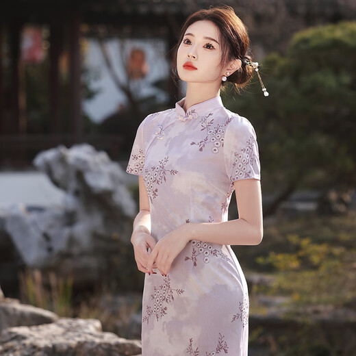 NUKM Cheongsam Chinese style long young 2025 summer new slim and elegant girl retro improved dress 6629 purple 3XL