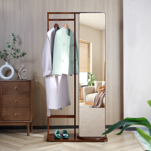 Tingxu solid wood dressing mirror hanging hanger integrated full-body mirror dressing rack floor-standing entrance door clothes rack 673 [with pulley] brown (45CM)