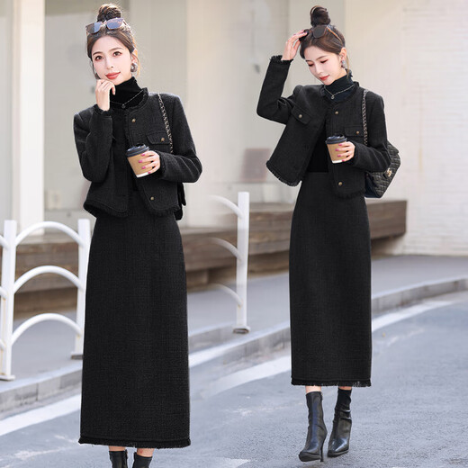 Bailan petite fragrant dress two-piece suit for women 2025 spring, autumn and winter new high-end temperament petite skirt gray (quilted) L (recommended 108-115 Jin Jin equals 0.5 kg)