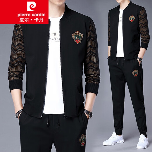 Pierre cardin sweatshirt men's sports suit men's spring and autumn casual two-piece set trendy and versatile handsome pants clothes jacket knit black 6628 180/92A