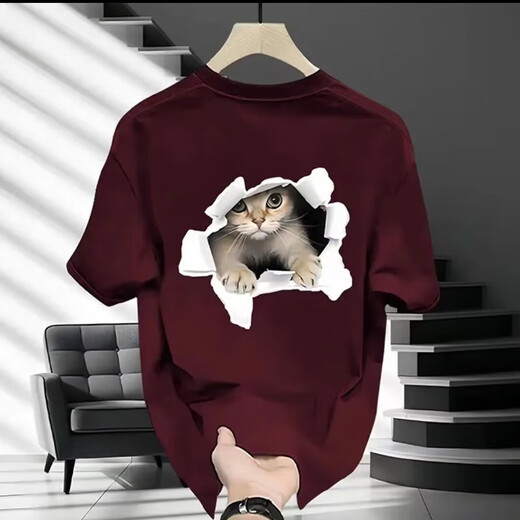 Digada kurzärmeliges T-Shirt für Herren Sommer Neue American Modemarke Trendy Design Sense Cat Bottoming Shirt Paar Fünf-Punkte-halbärmelige MSL-C683 Black (Rücken) 4xl (Größe kleinerer Größe empfohlen als größere Größe)