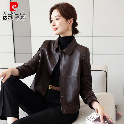 Pierre Cardin Haining Genuine Leather Jacket Women's Maillard Sheepskin Short Jacket High-end Retro Light Oil Wax Jacket Motorcycle Wear Trendy Brown M 90Jin Jin is equal to 0.5kg -105Jin Jin is equal to 0.5kg