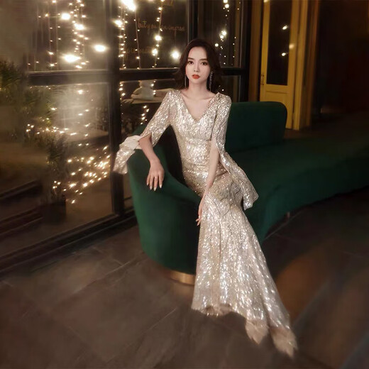 Noliti Bankettkleid Damen 2025 Neues Stil Temperament Langarm jährliche Meeting Gastgeber Langes Fisch Rückgang Luxus Nische High-End-Champagnerfarbe Long XL