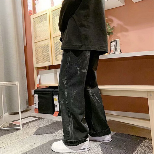 Kefeiwo tie-dyed jeans for men spring high street hip-hop loose wide-leg straight pants handsome casual floor-length trousers Haowei-3317 black XL (recommended weight 120-135 Jin Jin equals 0.5 kg)