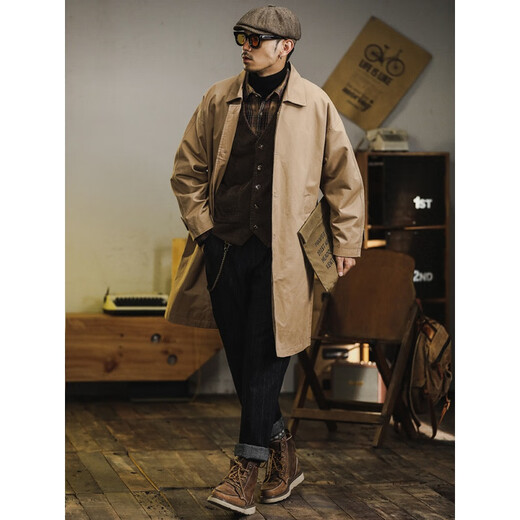 Trendy and shared American retro windbreaker jacket men's medium-length 2024 new British yuppie men's loose casual cotton coat Khaki XL recommended 150-170 Jin Jin is equal to 0.5 kg