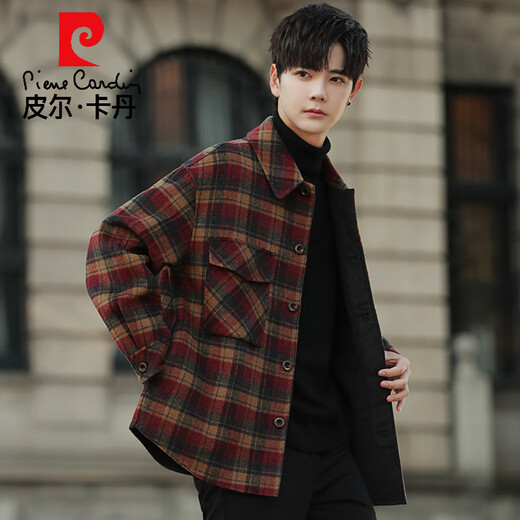 皮尔卡丹双面羊毛外套男士羊毛呢子大衣短款秋冬季格子加厚翻领夹克高端潮 红格子 M