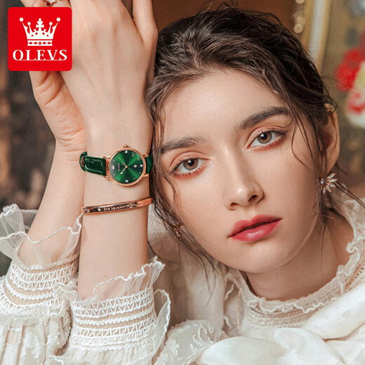 Olius Swiss certified watch women's fashion watch waterproof belt women's watch retro small green watch female student watch 5505-green leather rose green watch women's watch