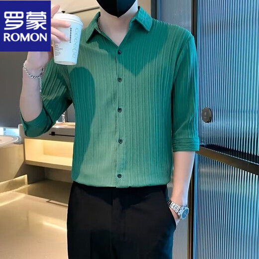 罗蒙（ROMON）七分袖衬衫男士痞帅夏季新款薄款中袖上衣衬衣冰丝条纹衬衣男装潮 白色 XL 参考130-145斤左右