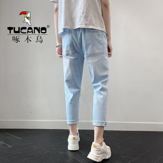 啄木鸟（TUCANO）牛仔裤男宽松直筒九分裤学生韩版阔腿潮流百搭男裤夏季薄款裤子 673浅蓝/CT腰部抽绳 2XL 【收藏优先发货】
