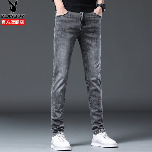 花花公子（PLAYBOY）牛仔裤男修身夏季潮流通勤做旧小脚裤四面弹力休闲百搭长裤 1048灰色四季款 30