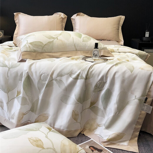 Meet the Beauty Tencel Air Conditioning Quilt Three-piece Set Double-sided Washable Ice Silk Summer Quilt Thin Naked Sleeping Satin Summer Cooling Quilt Skin-Friendly Summer Quilt Xiyan Green 150*200cm+2* Pillowcases