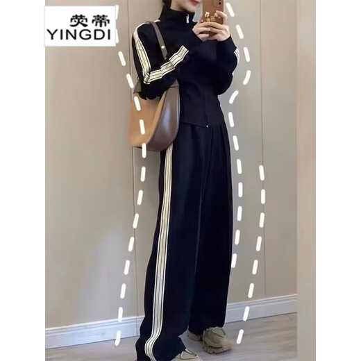 Fyling (YINGDI) sense casual sports suit for women Spring and Autumn European black sweatshirt women casual pants two-piece set small fragrance style age-reducing black suit M
