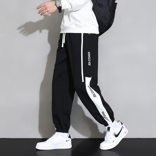Foss Phil black casual pants for men thin summer loose trendy large size versatile sports long-fitting pants for men YKYP-A05 black and white XL [Recommended 120-139Jin [Jin equals 0.5 kg]]