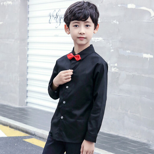 Children's clothing children's pure cotton long-sleeved white shirt black shirt boys long-sleeved dress autumn and winter plus velvet medium and large children's boys casual red shirt slim bow tie shirt red 140