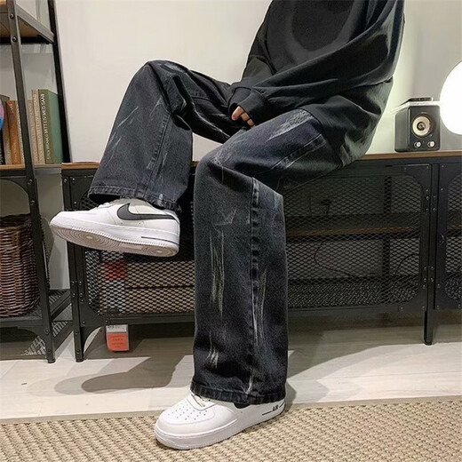 Kefeiwo tie-dyed jeans for men spring high street hip-hop loose wide-leg straight pants handsome casual floor-length trousers Haowei-3317 black XL (recommended weight 120-135 Jin Jin equals 0.5 kg)