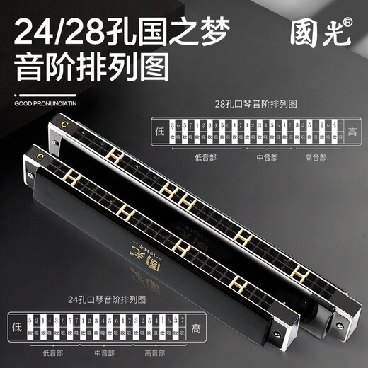Guoguang Shanghai Guoguang 28-Loch Polyphonische Mundhonika professionelle und ältere Menschen spielen polyphonische Mundharmonika für Männer und Frauen, die Geschenke geben [professionelle Aufführung] Guozhimeng 28-Loch-Akzent C-Tone Black + Big Geschenkstasche