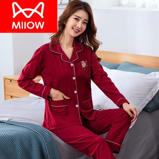 猫人（MiiOW）睡衣女春秋纯棉长袖加肥大码可爱开衫薄女士月字家居服套装开衫 829【红色】 L 【建议100-120斤】