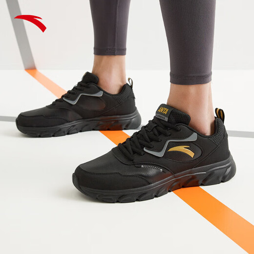 ANTA men's shoes leather surface water-repellent running shoes men's black lightweight non-slip casual shoes spring and autumn sports shoes travel shoes for men