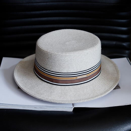 Tochino high-end wool braided flat brim hat for women, elegant, fashionable and versatile, striped jazz hat, French flat top hat, khaki M (56-58cm), one size fits all, adjustable