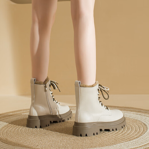 Augushiden Martin boots for women 2025 new winter plus velvet warm thick-soled snow boots British style mid-calf short boots cotton shoes 634217 meters khaki thick velvet 37