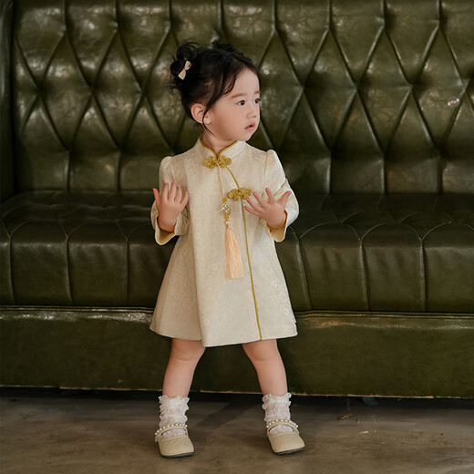 Remdine one-year-old baby dress autumn new girl Tang suit dress princess children's national style cheongsam catch week dress apricot long sleeve 80