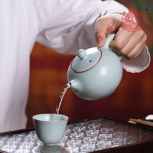 Longquan Celadon Ru Kiln Kung Fu Tea Set Household Chinese Teapot and Cup Simple One Pot Four Cups for Drinking Tea and Making Tea Cups for Gifts Ru Porcelain Tea Set Gift Box