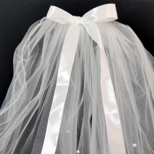 Lingmeng Korean style pearl bow veil, children's stage catwalk style headwear, parent-child veil photo props, 1 piece, adult ribbon bow curling and beads 60-80