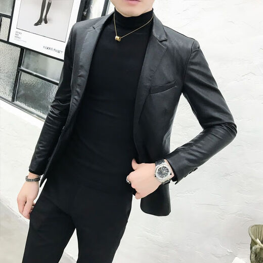 Langwei Feier motorcycle men's leather jacket men's new spring and autumn coat slim Korean style small suit handsome suit PU leather jacket black one button (PU leather) 4XL