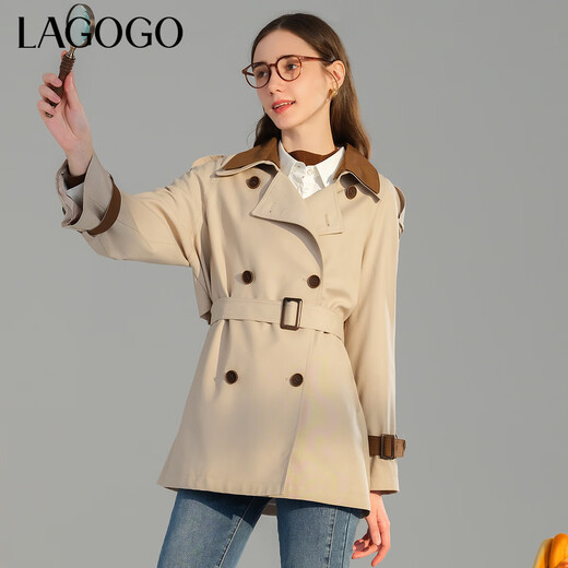 lagogo英伦风气质休闲风衣拉谷谷春秋新款时尚撞色长款外套女 米灰色(R5) S