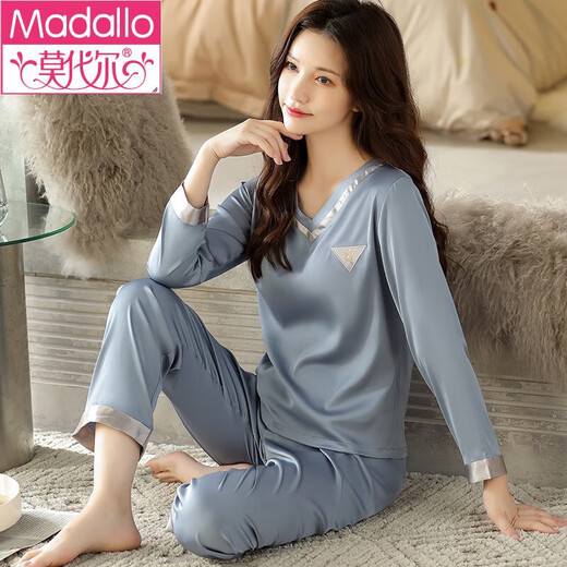 Modal Imitation Seidenpyjamas für Frauen im Frühling und Herbst Langarmdünner High-End-neuer Stil Einfacher Nachahmungsseide Seiden Frauen große Heimbekleidungsee Lake Blue Women-9901 m