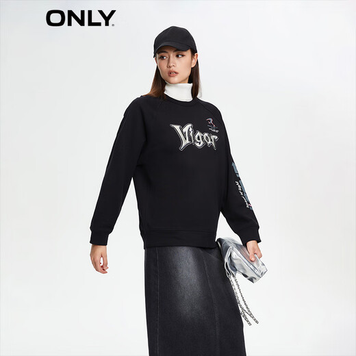 ONLY秋冬时尚气质刺绣宽松圆领休闲卫衣女|12349S012 H1Z  黑色 M 165/84A