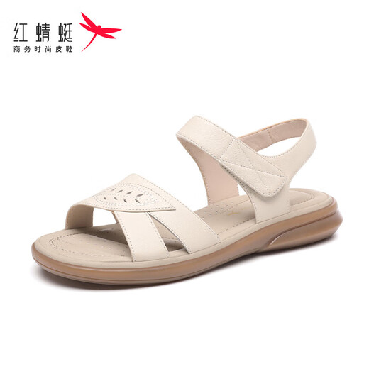 红蜻蜓母亲节礼物皮凉鞋软底舒适妈妈鞋子女坡跟软皮沙滩鞋女 WTK233142