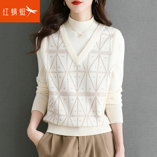 Red Dragonfly Sweater Women's 2025 Autumn New Women's Clothing Fake Two-Piece Sweater Women's Inner Long-Sleeved Bottoming Shirt Women's Top Beige Long Sleeve One Size