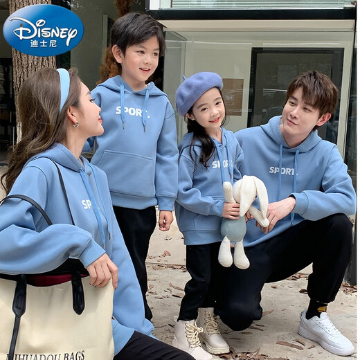 Disney autumn and winter parent-child clothing for a family of four blue sweatshirts 2025 new trendy family clothing Western mother-daughter clothing class uniforms denim blue plus velvet sweatshirt 185 dad XXL size 155-175Jin Jin is equal to 0.5 kg