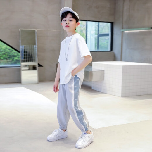 McTICCO Boy Suit T-shirt pour enfants à la mode Vêtements pour enfants décontractés Médium d'été et grand garçon Bélose à la mode 9767 noir + 5725 Gradient [Suit en soie de glace] 140 Taille (130-140 cm)